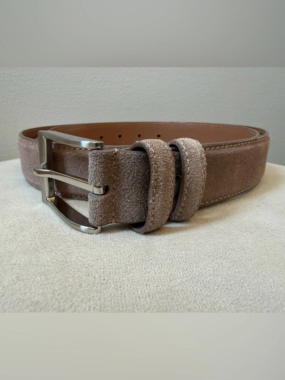 Ground Mind Men's Suede Taupe Belt Metal Buckle Silvertone 38” Leather Golf